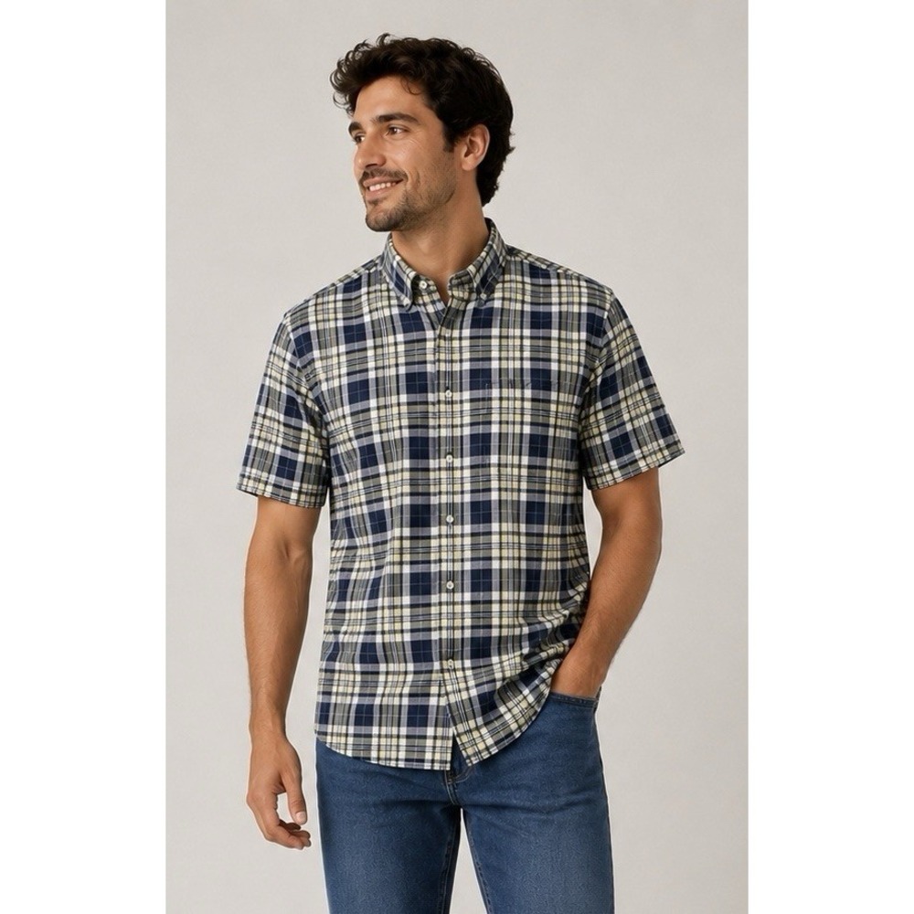 Nautica Navy/Beige/White Plaid Cotton Pockets Short Sleeve Button-Up L